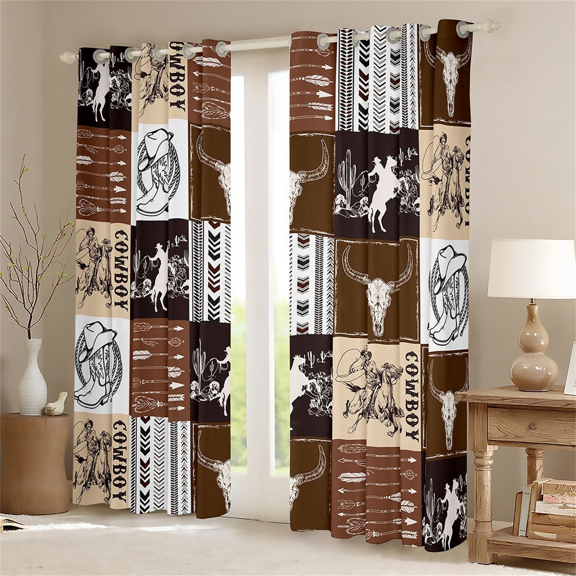 Western Cowboy Window Drapes with Bull Skull and Horse Print.