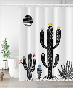 Western Desert Tropical Abstract Black Saguaros Cactus Blossom and Floral Sun Shower Curtain