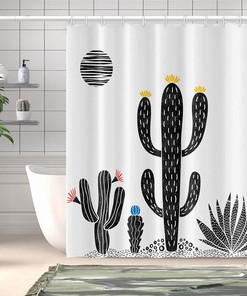 Western Desert Tropical Abstract Black Saguaros Cactus Blossom and Floral Sun Shower Curtain