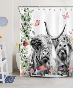 Western Farmhouse Highland Cow Shower Curtain with Mushroom and Butterfly Decors