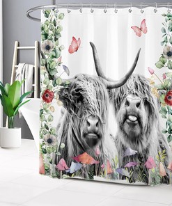 Western Farmhouse Highland Cow Shower Curtain with Mushroom and Butterfly Decors