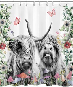 Western Farmhouse Highland Cow Shower Curtain with Mushroom and Butterfly Decors
