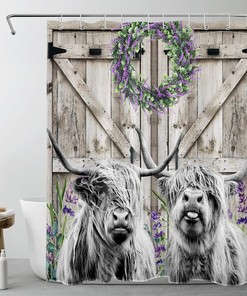 Western Farmhouse Highland Cow Shower Curtain with Purple Lavender Floral Design