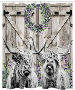 Western Farmhouse Highland Cow Shower Curtain with Purple Lavender Floral Design