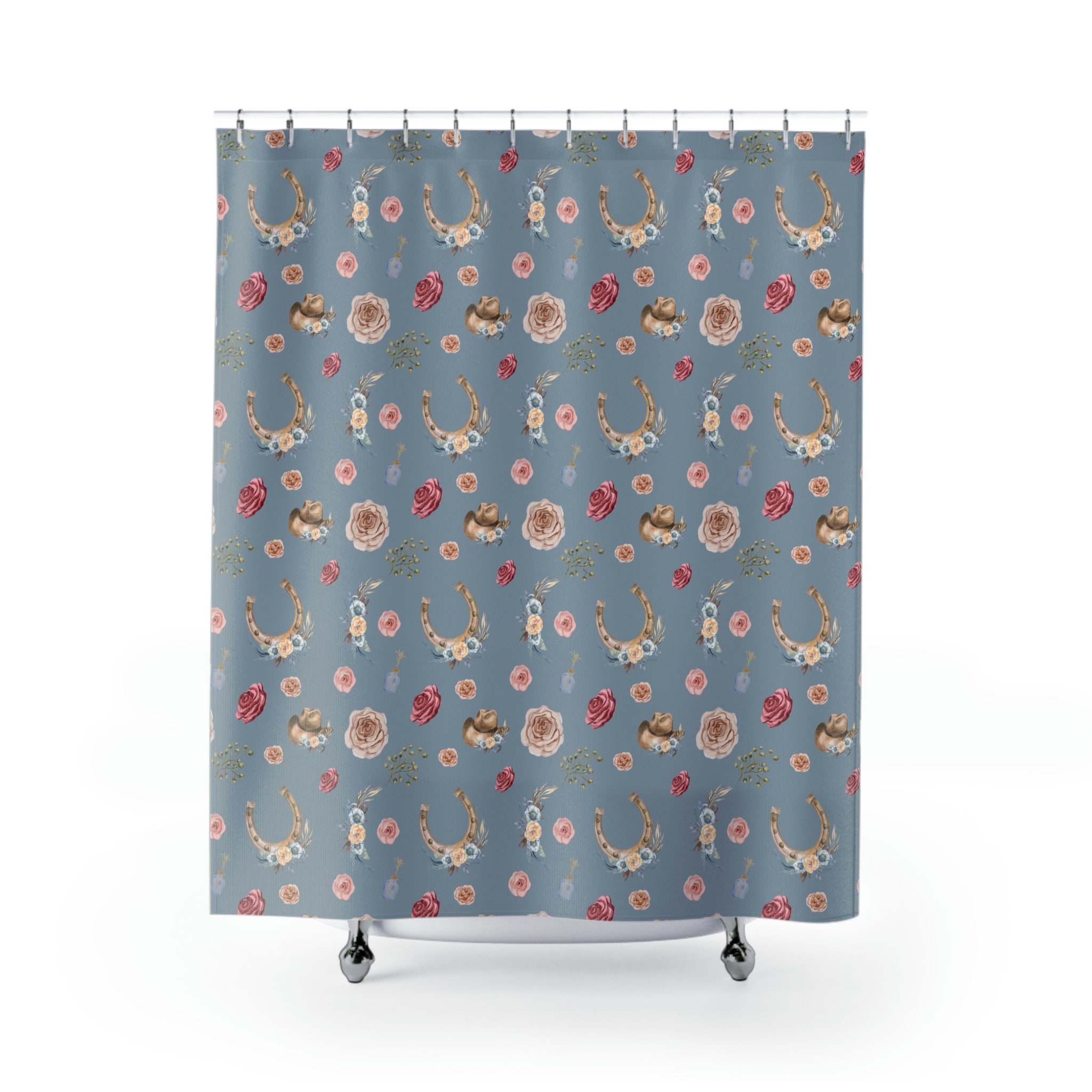 Western Floral Shower Curtain - Cute Bathroom Decor with Western Style Flowers for Girls