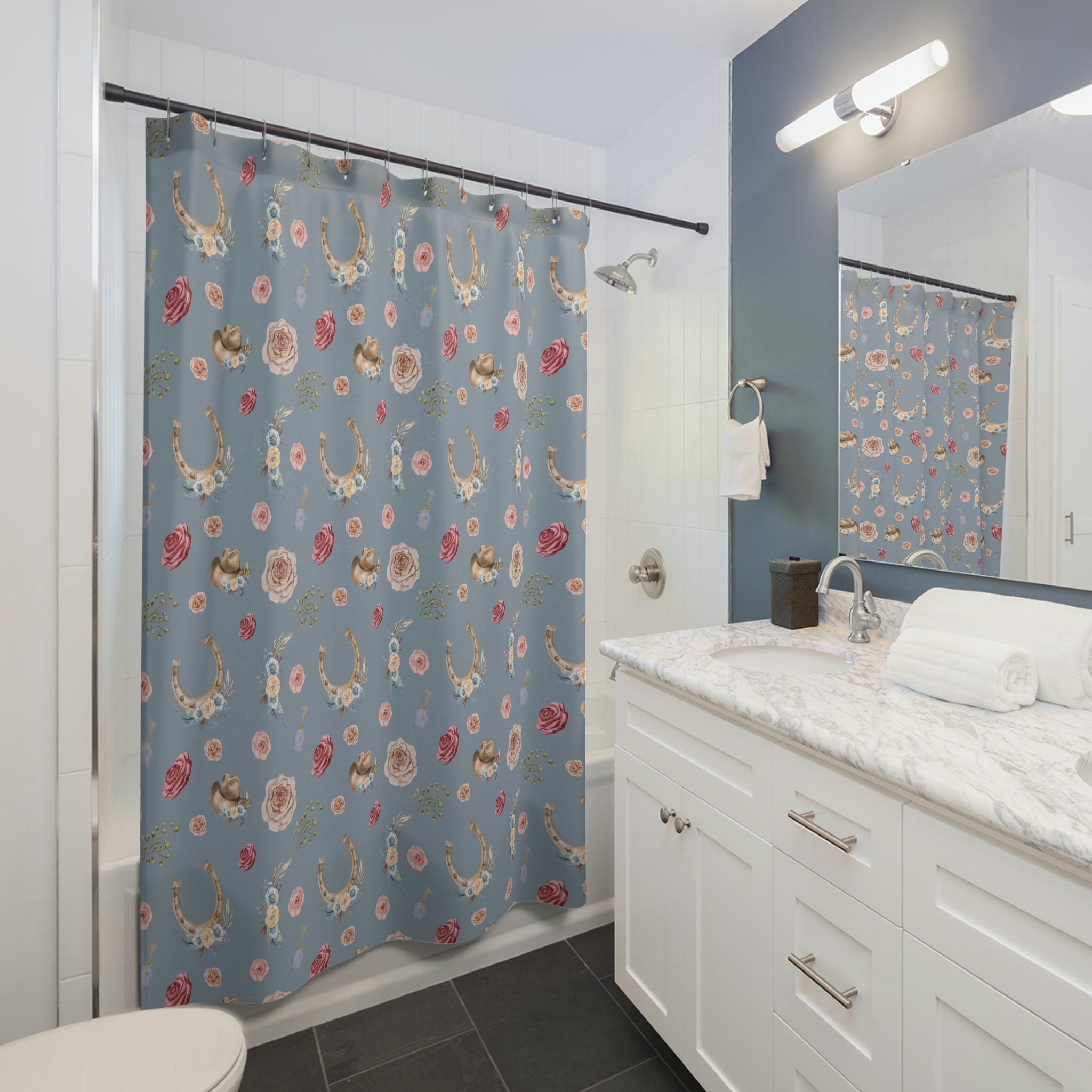 Western Floral Shower Curtain - Cute Bathroom Decor with Western Style Flowers for Girls