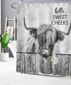 Western Highland Cow Shower Curtain, Funny Farm Animal Daisy Hello Sweet Cheeks Bathroom Decor - Ecotob