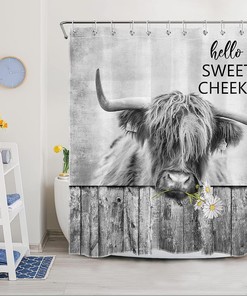 Western Highland Cow Shower Curtain, Funny Farm Animal Daisy Hello Sweet Cheeks Bathroom Decor - Ecotob