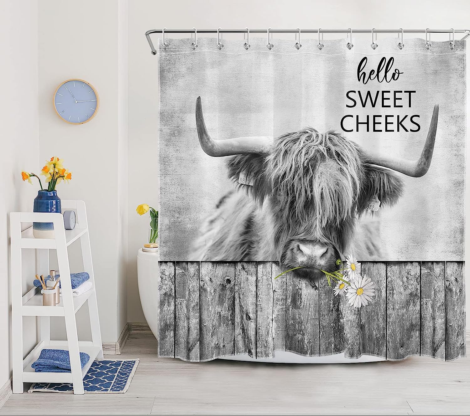 Western Highland Cow Shower Curtain, Funny Farm Animal Daisy Hello Sweet Cheeks Bathroom Decor - Ecotob
