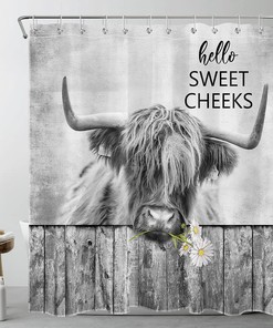 Western Highland Cow Shower Curtain, Funny Farm Animal Daisy Hello Sweet Cheeks Bathroom Decor - Ecotob