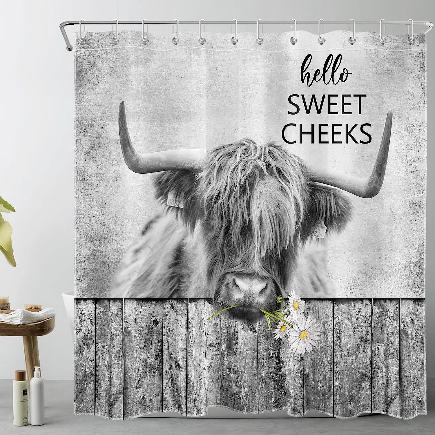 Western Highland Cow Shower Curtain, Funny Farm Animal Daisy Hello Sweet Cheeks Bathroom Decor - Ecotob