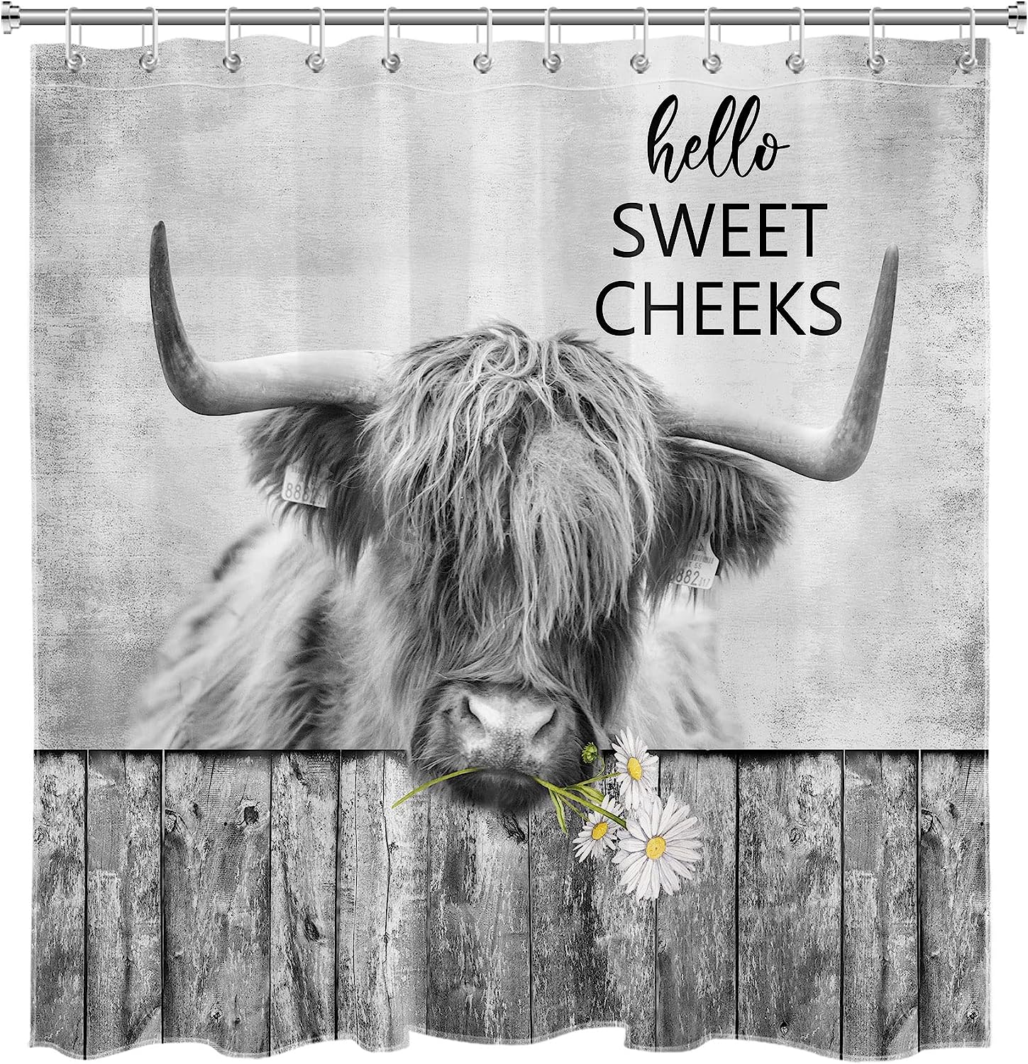 Western Highland Cow Shower Curtain, Funny Farm Animal Daisy Hello Sweet Cheeks Bathroom Decor - Ecotob