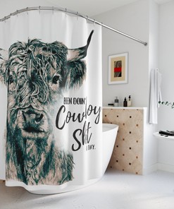 Western Highland Cow Shower Curtain With Cowboy And Bull Print