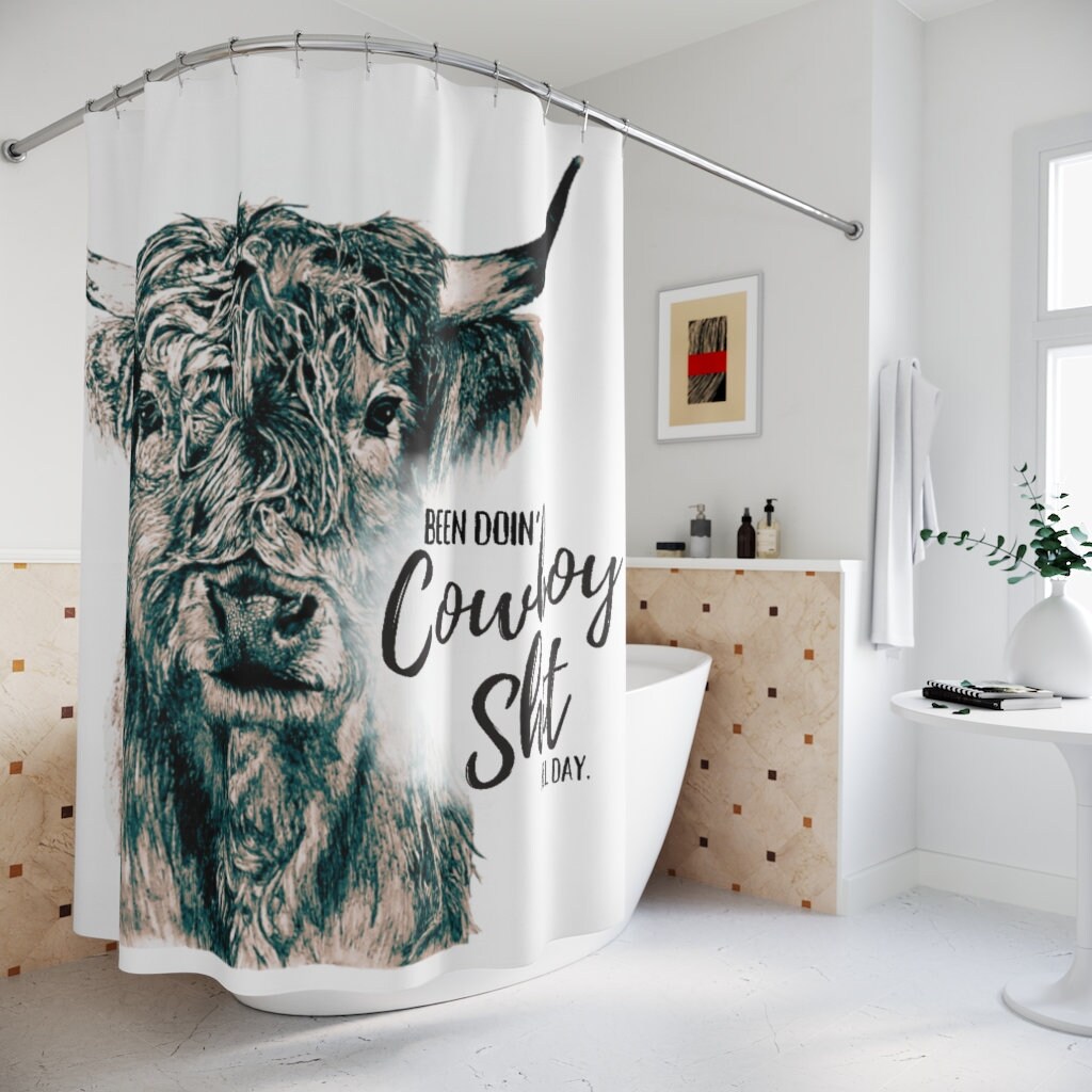 Western Highland Cow Shower Curtain With Cowboy And Bull Print