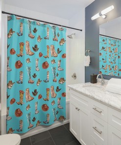 Western Home Decor Shower Curtain - Cowboy Boots Illustration With Country Style Prints