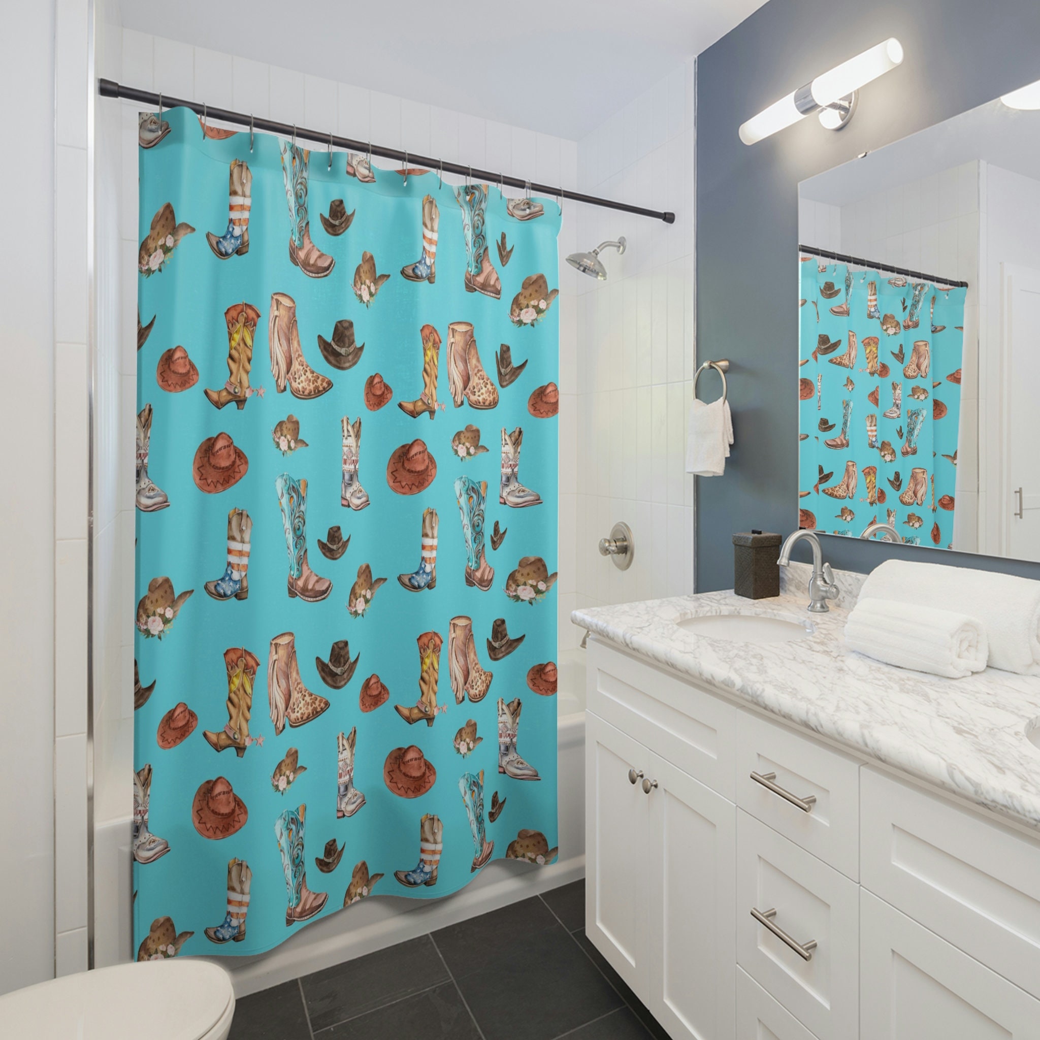 Western Home Decor Shower Curtain - Cowboy Boots Illustration With Country Style Prints