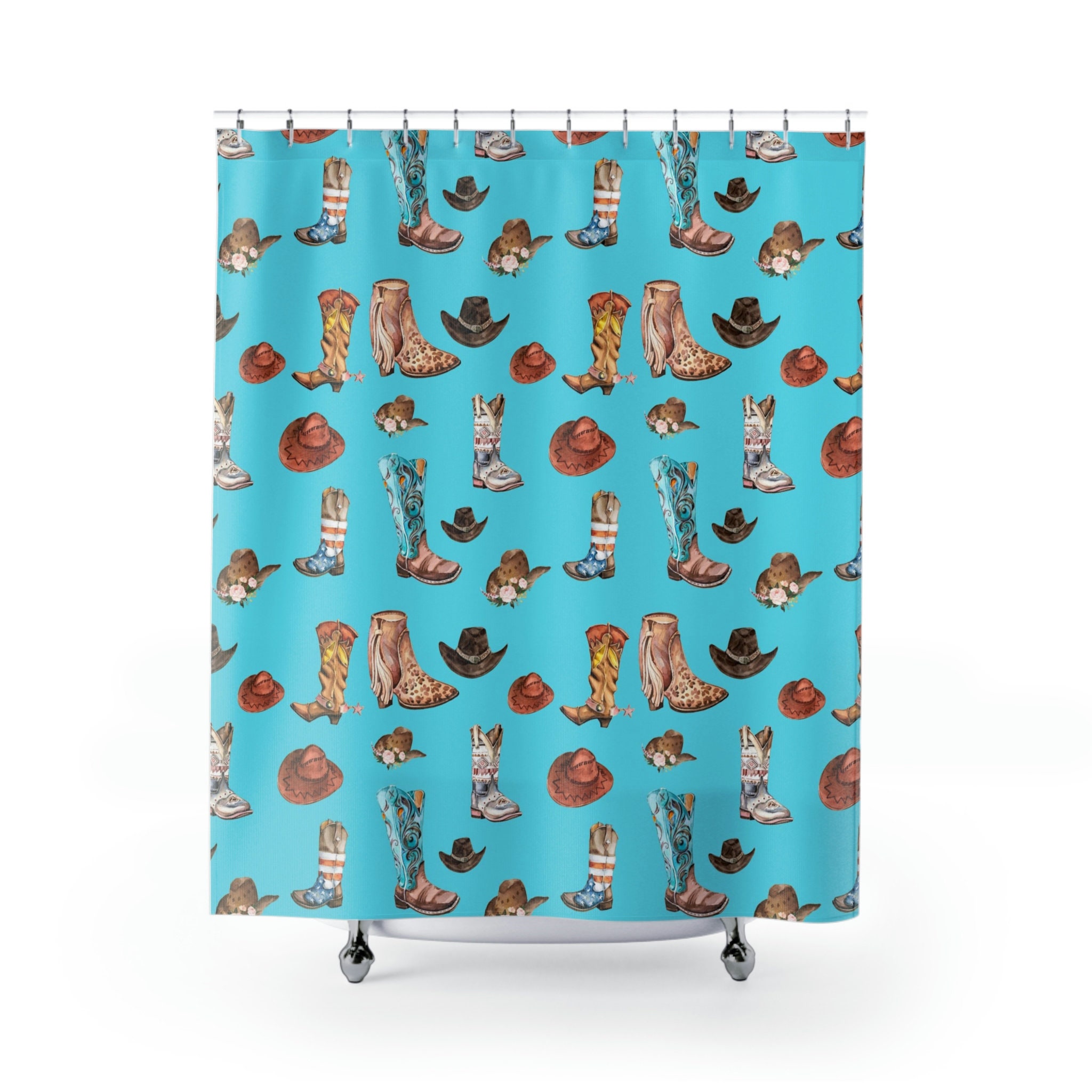 Western Home Decor Shower Curtain - Cowboy Boots Illustration With Country Style Prints - Image 2