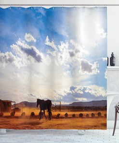 Western Horse Shower Curtain - Serene and Scenic Bathroom Decor with Horses and Valley Sky Views