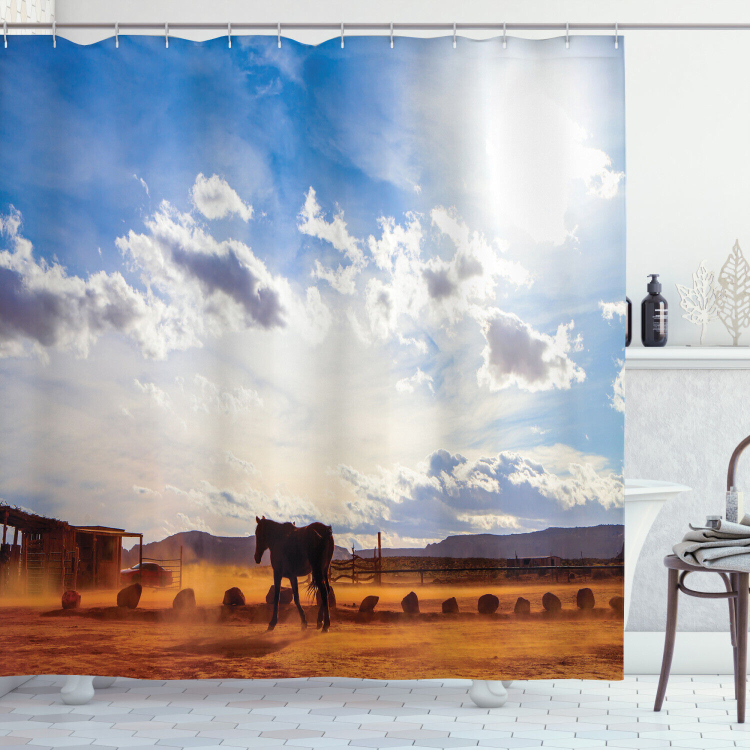 Western Horse Shower Curtain - Serene and Scenic Bathroom Decor with Horses and Valley Sky Views