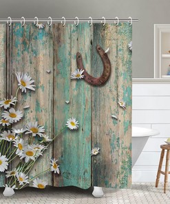 Western Horse Shower Curtain with Country Daisy and Barnwood Design, Rustic Bathroom Decor 