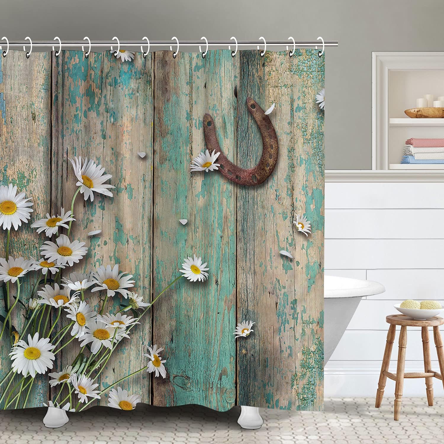 Western Horse Shower Curtain with Country Daisy and Barnwood Design, Rustic Bathroom Decor