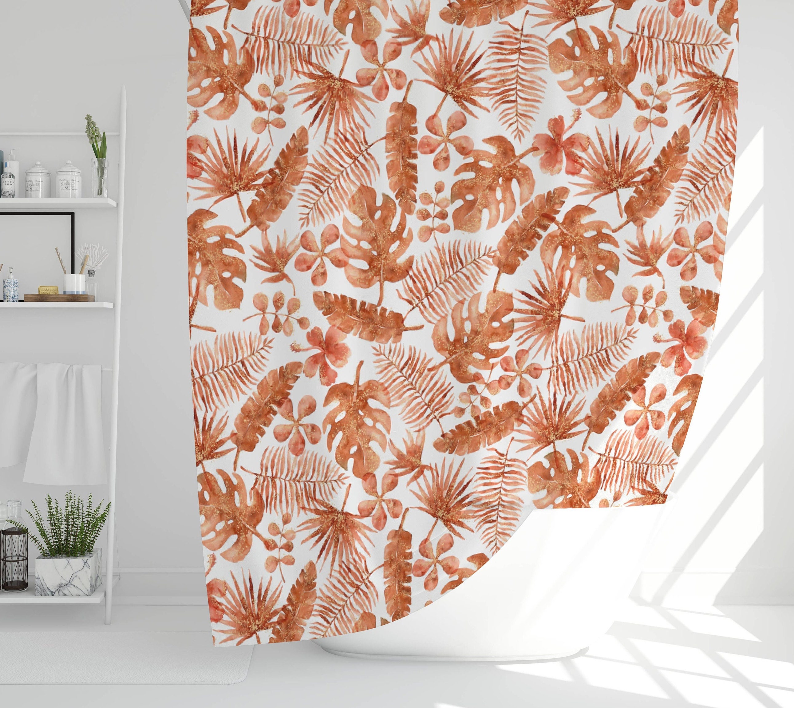Western Leaf Terracotta Shower Curtain - Tropical Shower Curtain - Trendy Bathroom Accessories