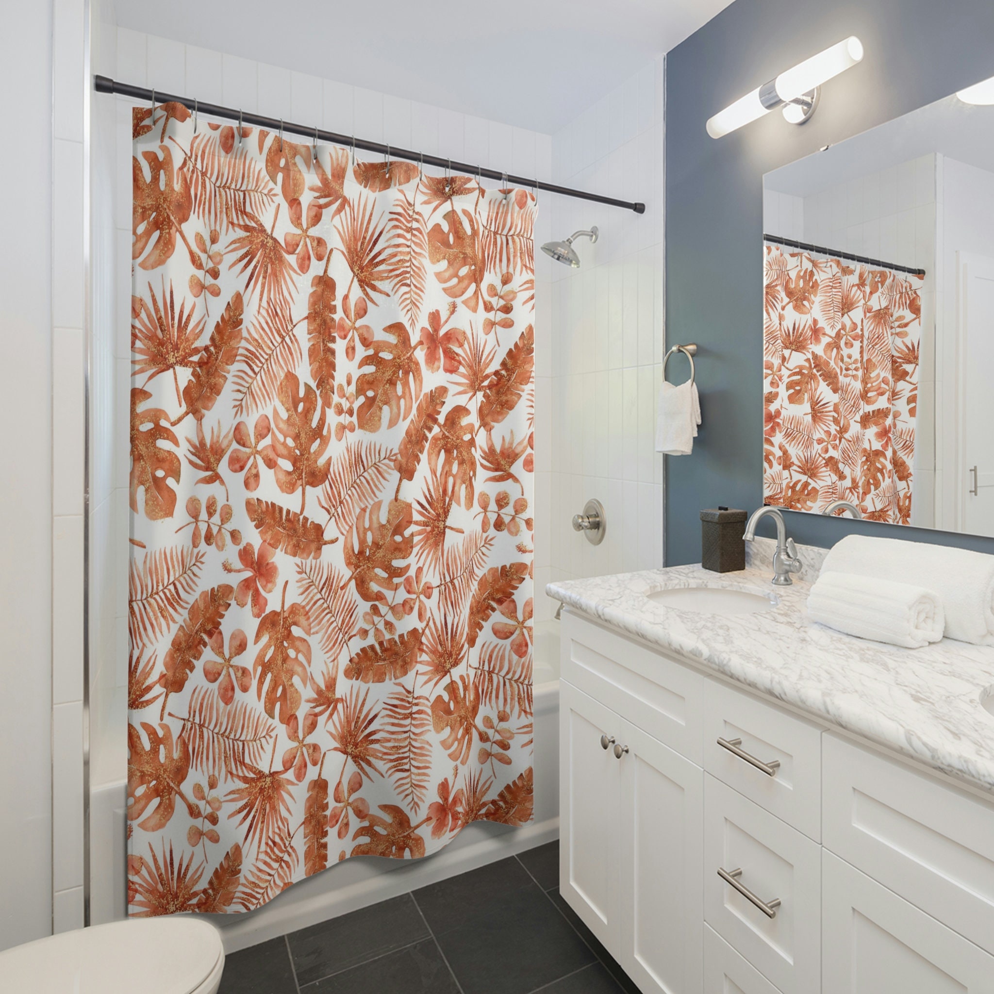 Western Leaf Terracotta Shower Curtain - Tropical Shower Curtain - Trendy Bathroom Accessories