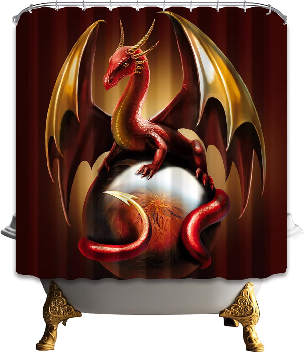 Western Medieval Fantasy Myth Animal Red Dragon Print Shower Curtain for Bathroom Decoration