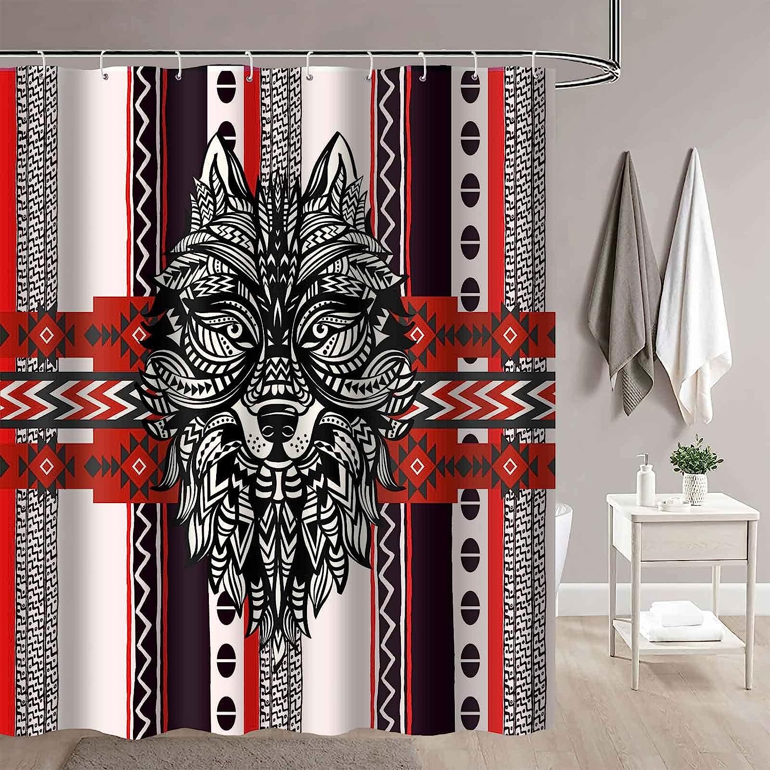 Western Retro Wolf Head Tribe Wolf Totem Shower Curtain - Tribal Bathroom Decor