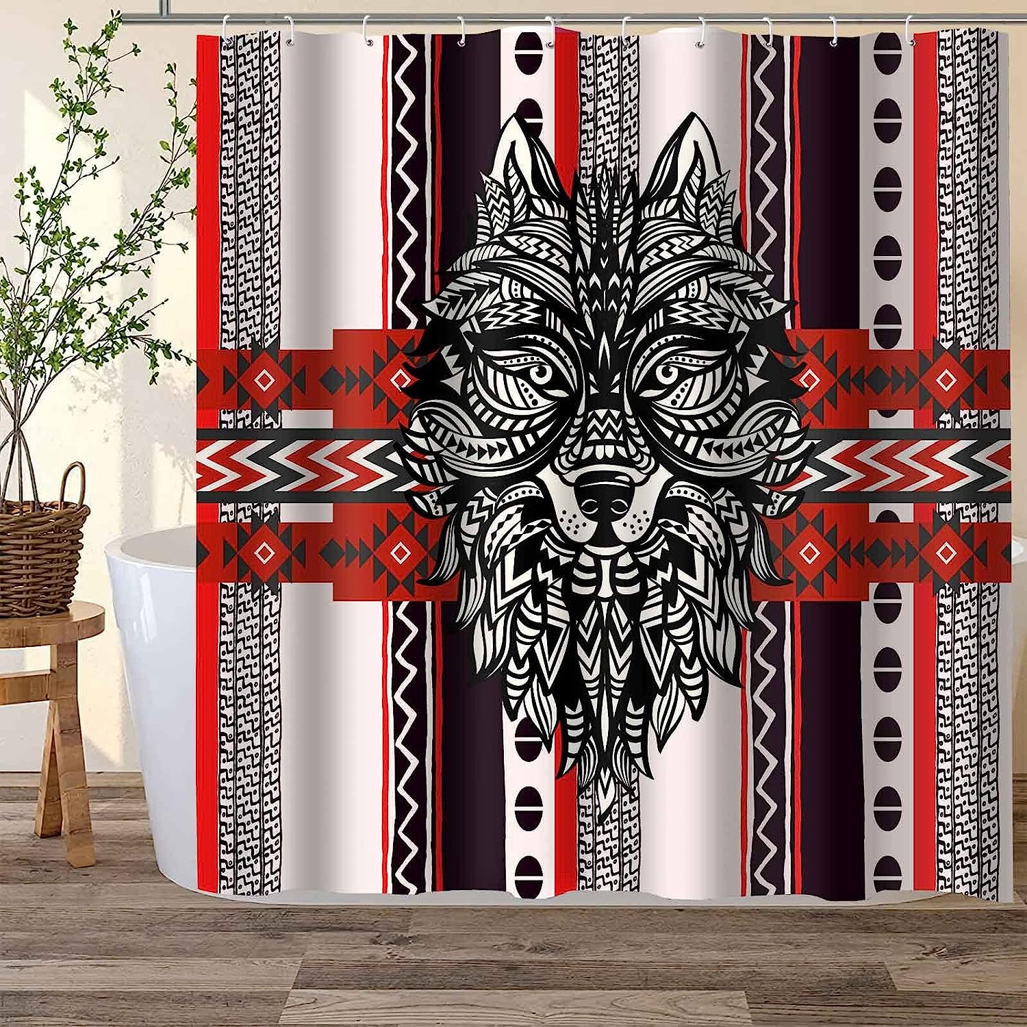 Western Retro Wolf Head Tribe Wolf Totem Shower Curtain - Tribal Bathroom Decor