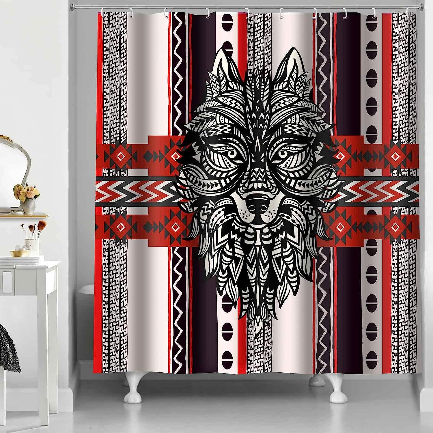 Western Retro Wolf Head Tribe Wolf Totem Shower Curtain - Tribal Bathroom Decor