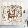 Western Shower Curtain, American Desert Cowboy Illustration Print, Cloth Fabric Bathroom Decor, Umber And Cream