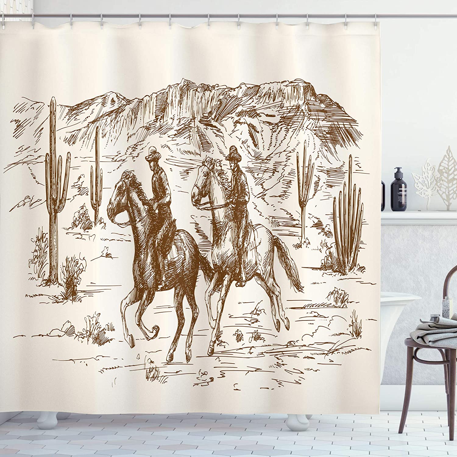 Western Shower Curtain, American Desert Cowboy Illustration Print, Cloth Fabric Bathroom Decor, Umber And Cream