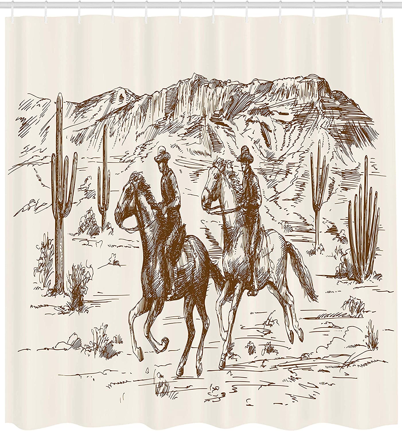 Western Shower Curtain, American Desert Cowboy Illustration Print, Cloth Fabric Bathroom Decor, Umber And Cream - Image 2