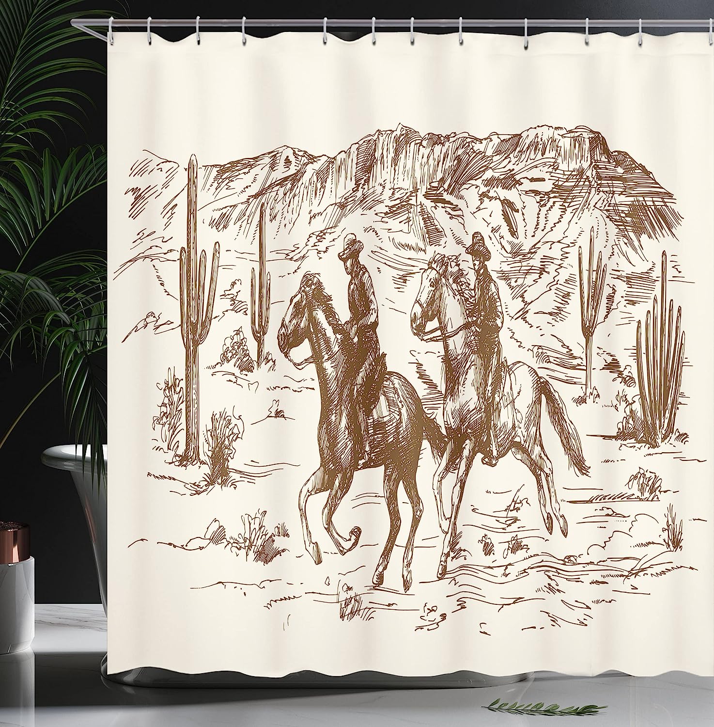 Western Shower Curtain, American Desert Cowboy Illustration Print, Cloth Fabric Bathroom Decor, Umber And Cream - Image 3