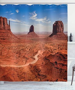 Western Shower Curtain, Arizona National Park Theme Print, Cloth Fabric Bathroom Decor, Cinnamon And Blue