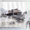 Western Shower Curtain, Ghost Town Wagons And Wyoming Wheels Print, Cloth Fabric Bathroom Decor, Brown And White