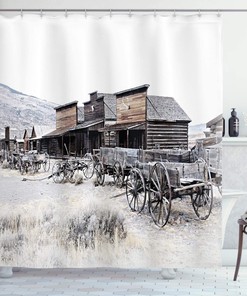 Western Shower Curtain, Ghost Town Wagons And Wyoming Wheels Print, Cloth Fabric Bathroom Decor, Brown And White
