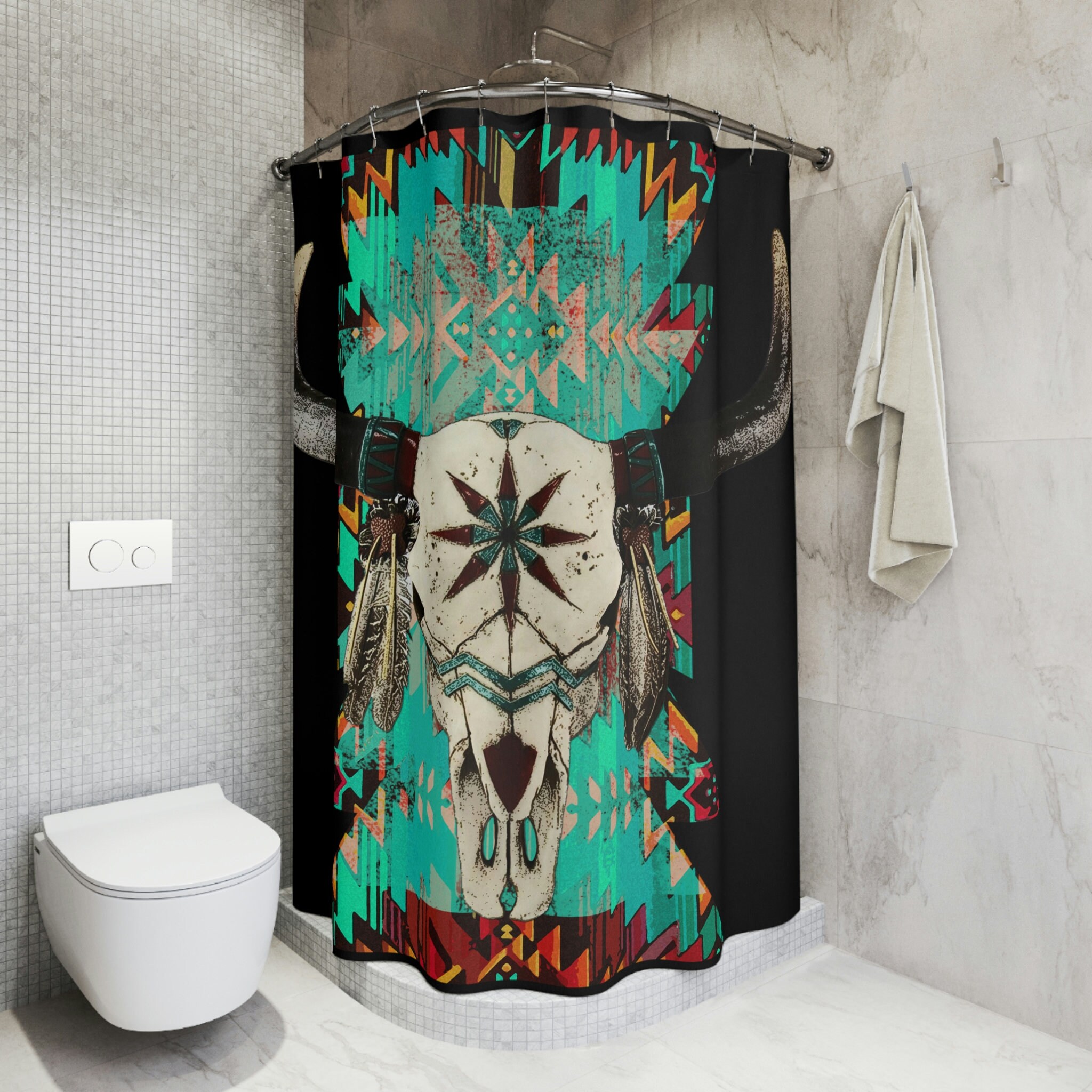 Western Skull Watercolor Print Shower Curtain for Bathroom Decor