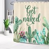 Western Succulent Green Cactus Flower Beige Fabric Shower Curtain, Get Naked Bathroom Decor 