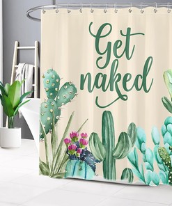 Western Succulent Green Cactus Flower Beige Fabric Shower Curtain, Get Naked Bathroom Decor 