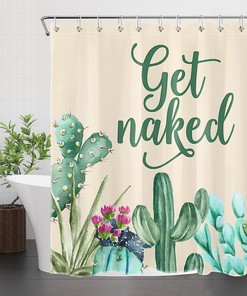 Western Succulent Green Cactus Flower Beige Fabric Shower Curtain, Get Naked Bathroom Decor