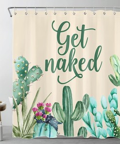Western Succulent Green Cactus Flower Beige Fabric Shower Curtain, Get Naked Bathroom Decor 