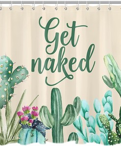 Western Succulent Green Cactus Flower Beige Fabric Shower Curtain, Get Naked Bathroom Decor 
