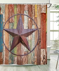 Western Texas Star Retro Wooden Board Shower Curtain in Barn Door Design