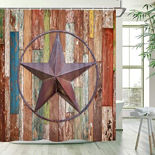Western Texas Star Retro Wooden Board Shower Curtain in Barn Door Design