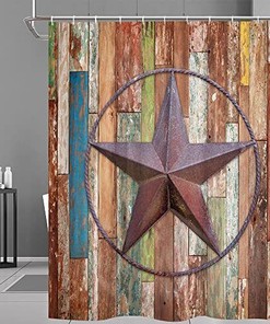 Western Texas Star Retro Wooden Board Shower Curtain in Barn Door Design