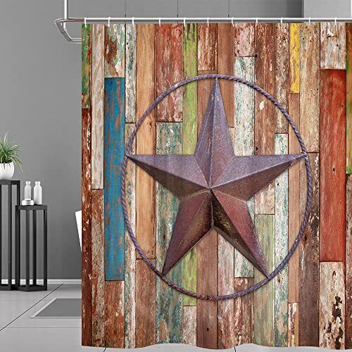 Western Texas Star Retro Wooden Board Shower Curtain in Barn Door Design