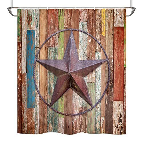 Western Texas Star Retro Wooden Board Shower Curtain in Barn Door Design