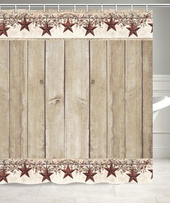 Western Texas Star Shower Curtain with Primitive Berries and Wood Plank Background